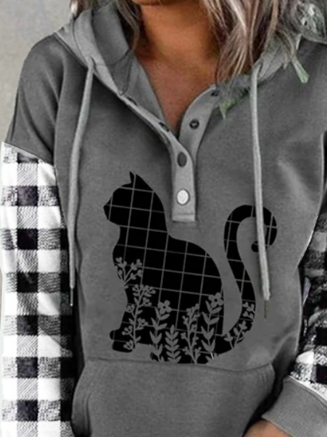 Long sleeve round neck V-neck hooded geometric Plaid animal cat print top women's sweater