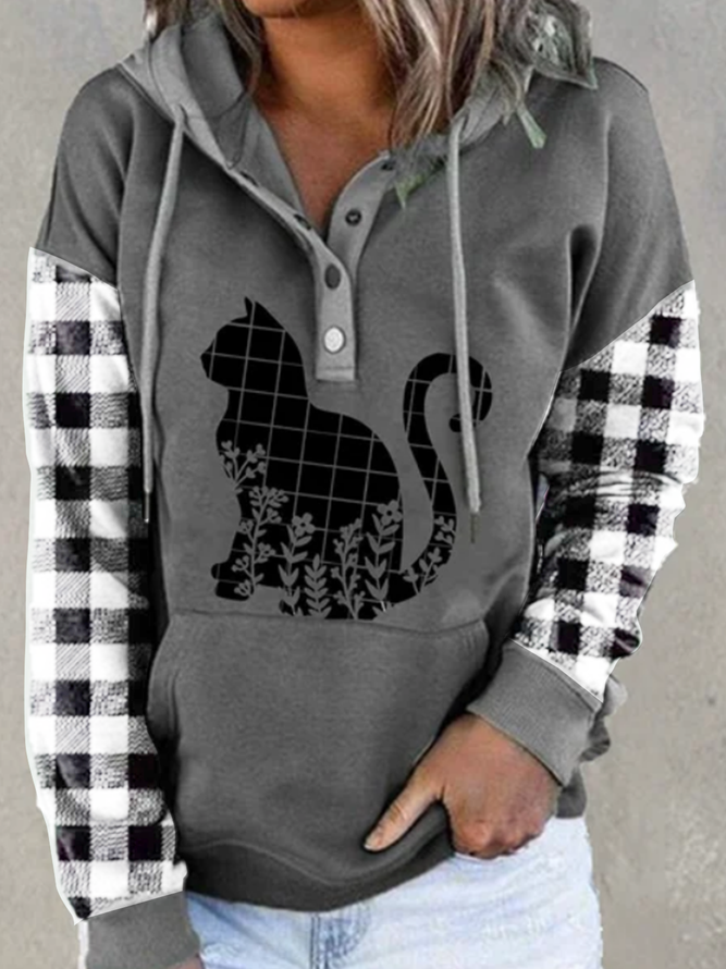 Long sleeve round neck V-neck hooded geometric Plaid animal cat print top women's sweater