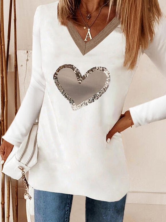 Print Color Block Heart V-Neck Long Sleeves Casual Top