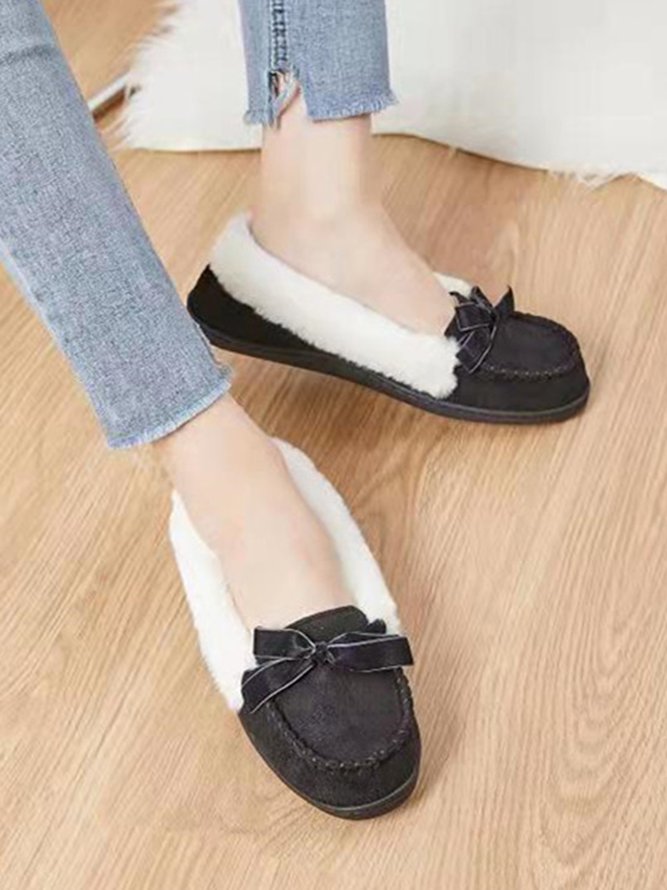 Simple Bow And Velvet Warm Flat Shoes