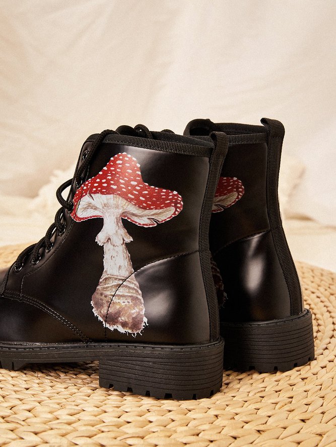 Vintage Mushroom Print Lace-up Martin Boots