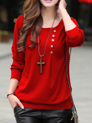 Loosen Simple Plain Shirts & Tops Button-decorated inverted pleated simple red top