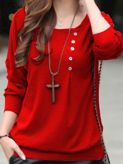 Loosen Simple Plain Shirts & Tops Button-decorated inverted pleated simple red top