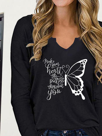 Butterfly Printed Cotton Blends Loosen T-shirt