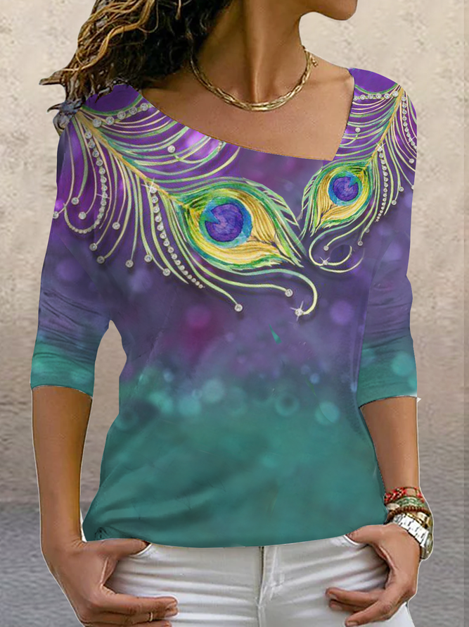 Long sleeve asymmetric collar gradient gorgeous peacock feather print top T-shirt women Plus Size