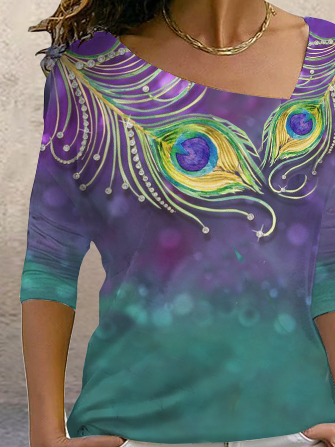 Long sleeve asymmetric collar gradient gorgeous peacock feather print top T-shirt women Plus Size