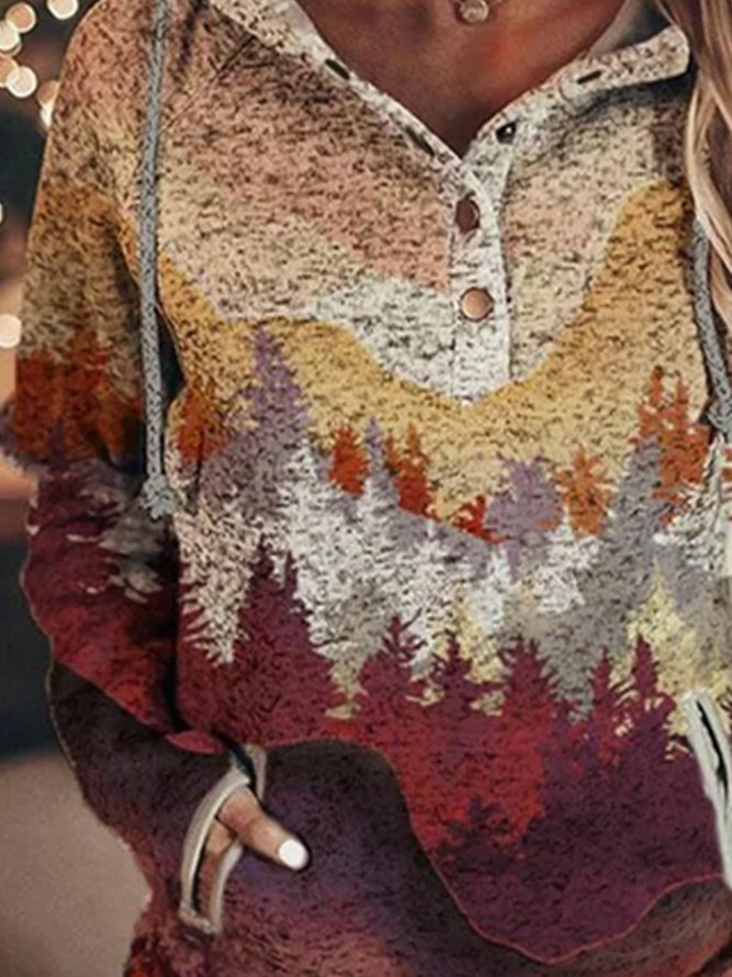 Women's autumn and winter long mountain print casual pocket hooded Sweatshirt