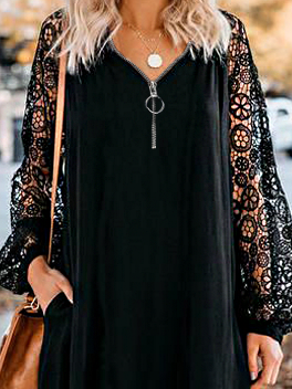 Formal Dress  Black elegant dress with lace see-through sleeves zipper half-open placket Plain Sexy Raglan Sleeve Dress