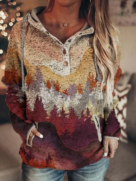 Women's autumn and winter long mountain print casual pocket hooded Sweatshirt