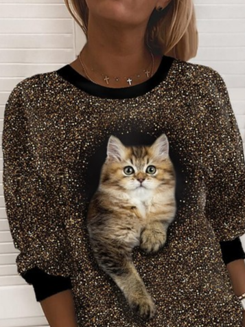 Casual Loosen Cat Round Neck  Sweatshirt