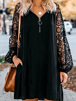 Formal Dress  Black elegant dress with lace see-through sleeves zipper half-open placket Plain Sexy Raglan Sleeve Dress