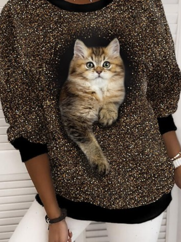 Casual Loosen Cat Round Neck  Sweatshirt