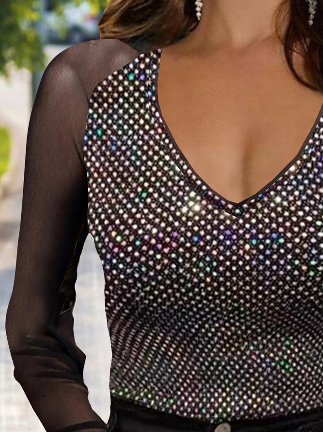 Long sleeve V-neck high elastic mesh panel Sequin fabric fit party sexy top T-shirt