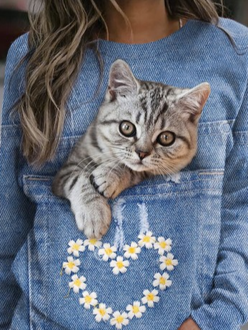 Loosen Casual Round Neck Cat Sweatshirt