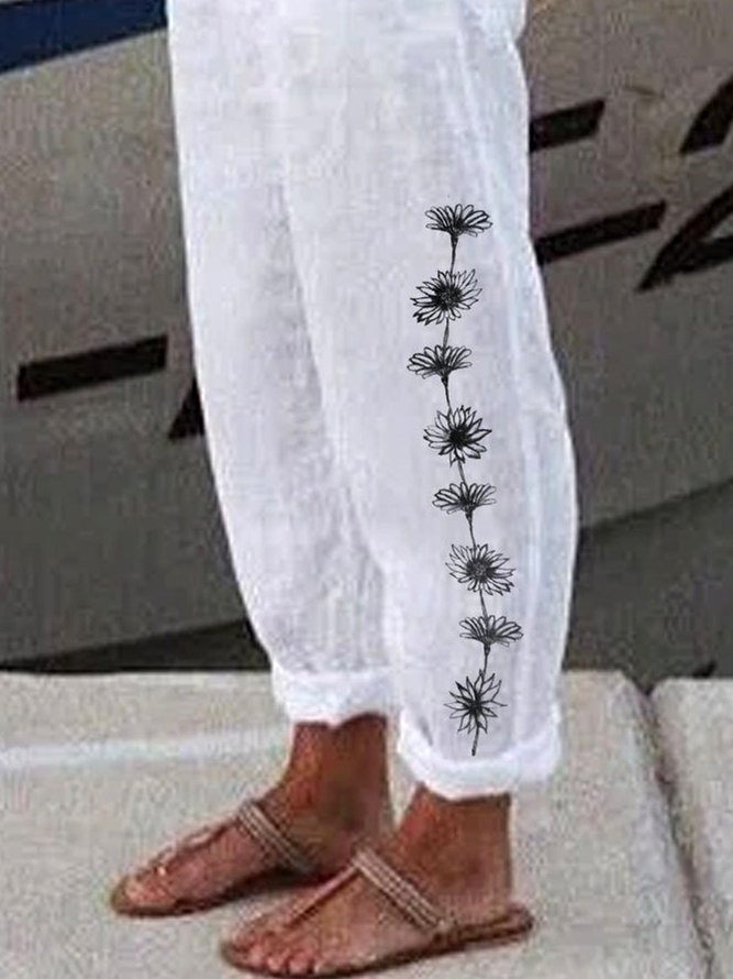 Women Casual Loosen Pockets Floral Pants