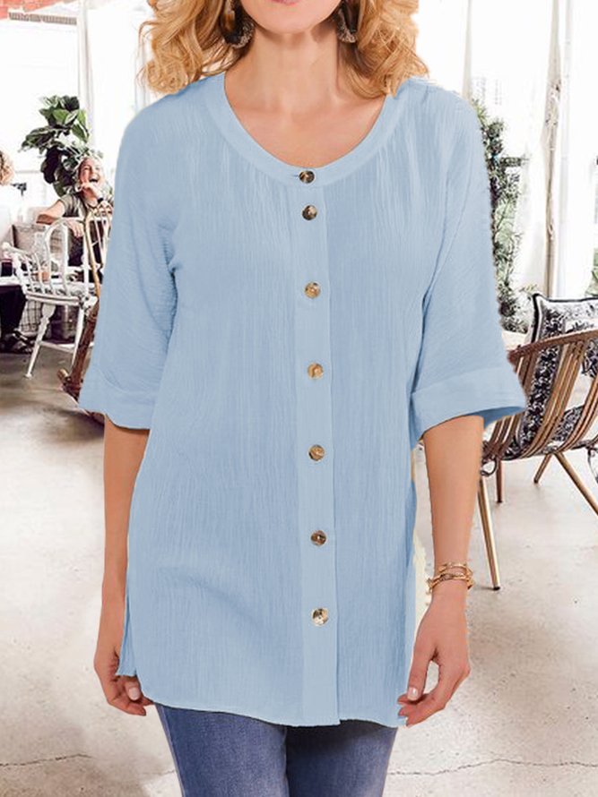Casual Blue Round Neck Half Sleeve Solid Md-long Shirts
