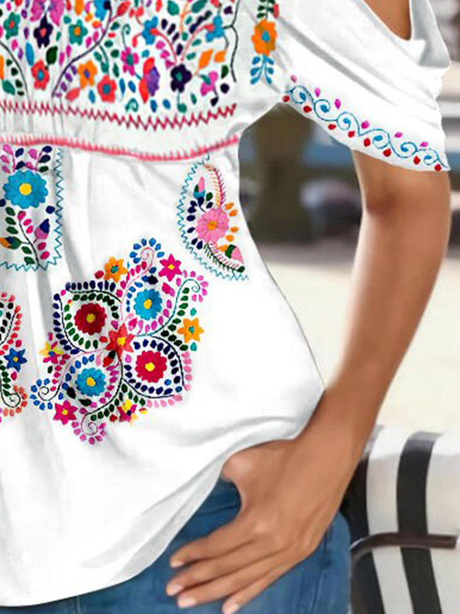 Floral Printed Casual Crew Neck Short sleeve tops