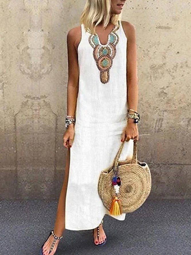 Loosen Vacation Linen Simple  Ethnic V Neck Dresses