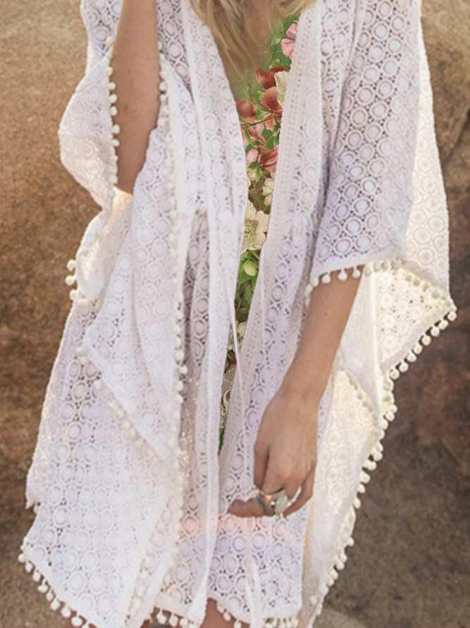 Medium sleeve loose romantic holiday beach date lace flow cardigan coat plain patterned lace Plus Size
