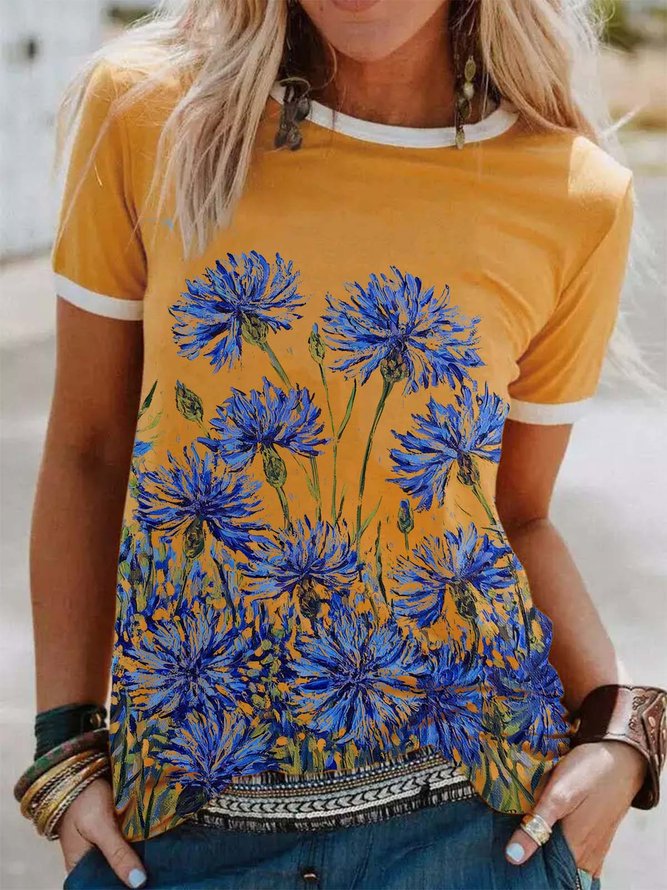 Holiday Floral Print Round Neck Short Sleeve Casual T-Shirts