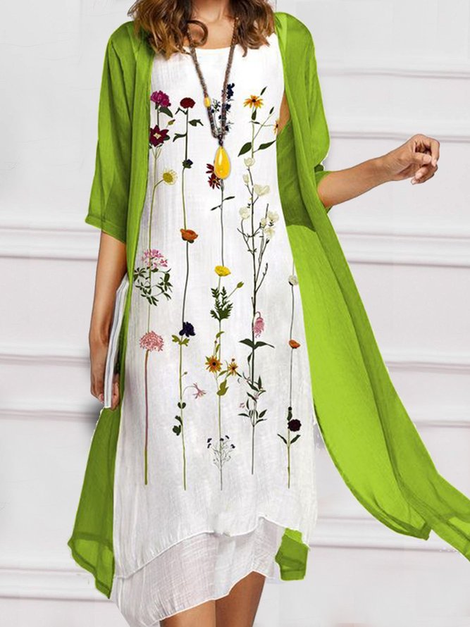 Two Piece Casual Round Neck Floral Print Linen Half Sleeve Solid Dresses