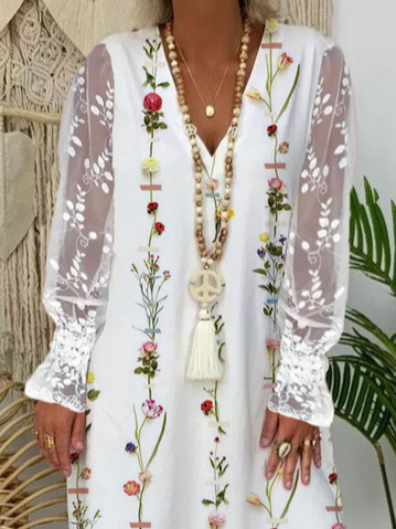 V Neck Floral Cotton Blends Long sleeve Woven Dress