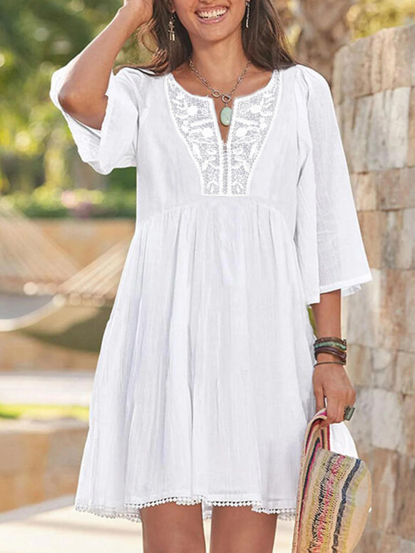 Lace/Solid/Hollow-out 3/4 Sleeves A-line Above Knee Casual/Vacation Skater Short sleeve Woven Dress