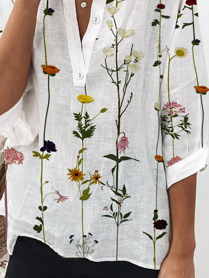 V Neck Casual Loosen Floral Shirts & Tops