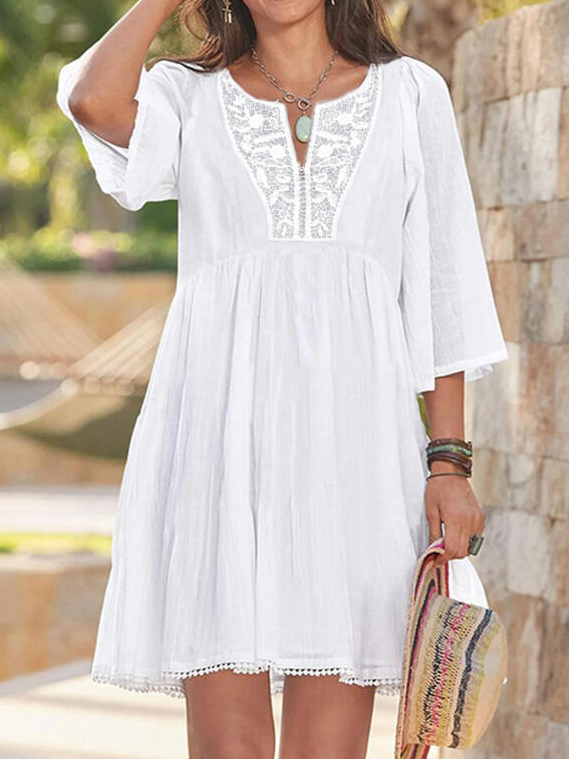 Lace/Solid/Hollow-out 3/4 Sleeves A-line Above Knee Casual/Vacation Skater Short sleeve Woven Dress