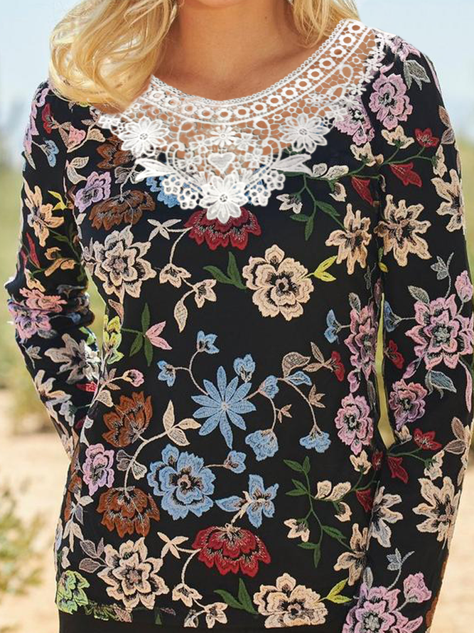 Colorful Floral Lace Neck Vintage T-Shirt Loosen Shirts & Tops