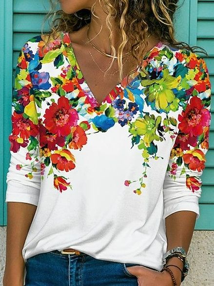 Cotton Blends Floral V Neck Long Sleeve T-shirt