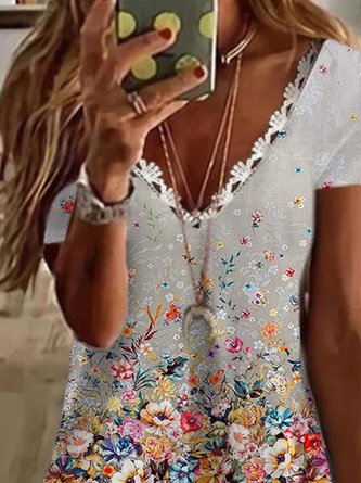 Floral Cotton Blends Lace V Neck Vacation Short sleeve tops