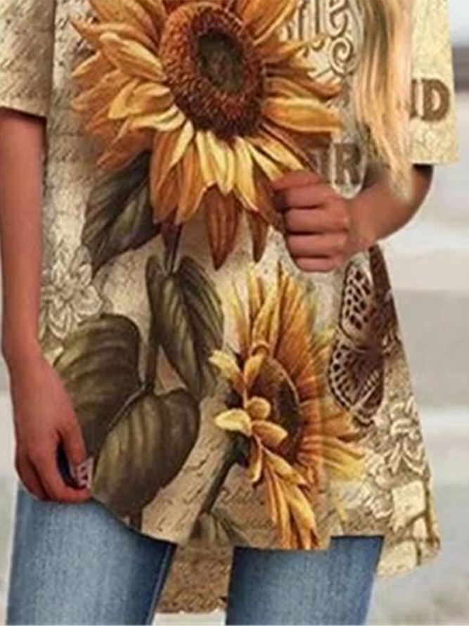 Sunflower Letter Printed Short Sleeve T-Shirts