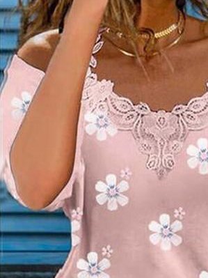 Floral Cotton Blends Lace V Neck Casual Shirts & Tops