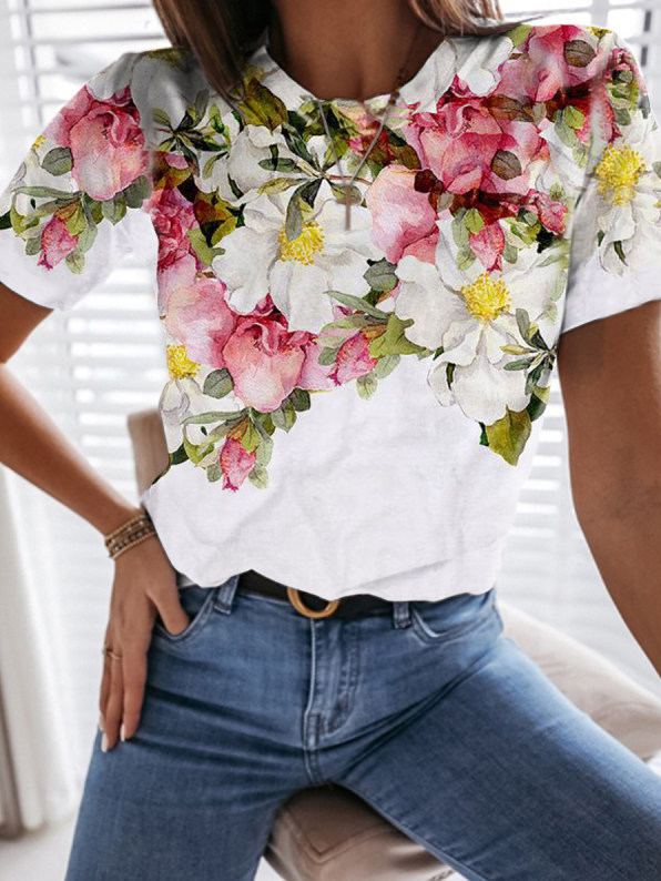 Crew Neck Floral Vacation Short Sleeve T-shirt