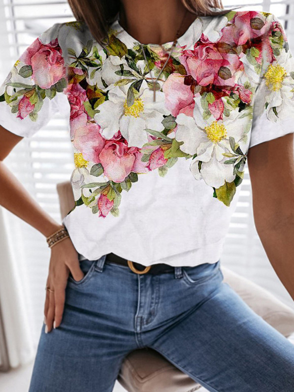 Crew Neck Floral Vacation Short Sleeve T-shirt