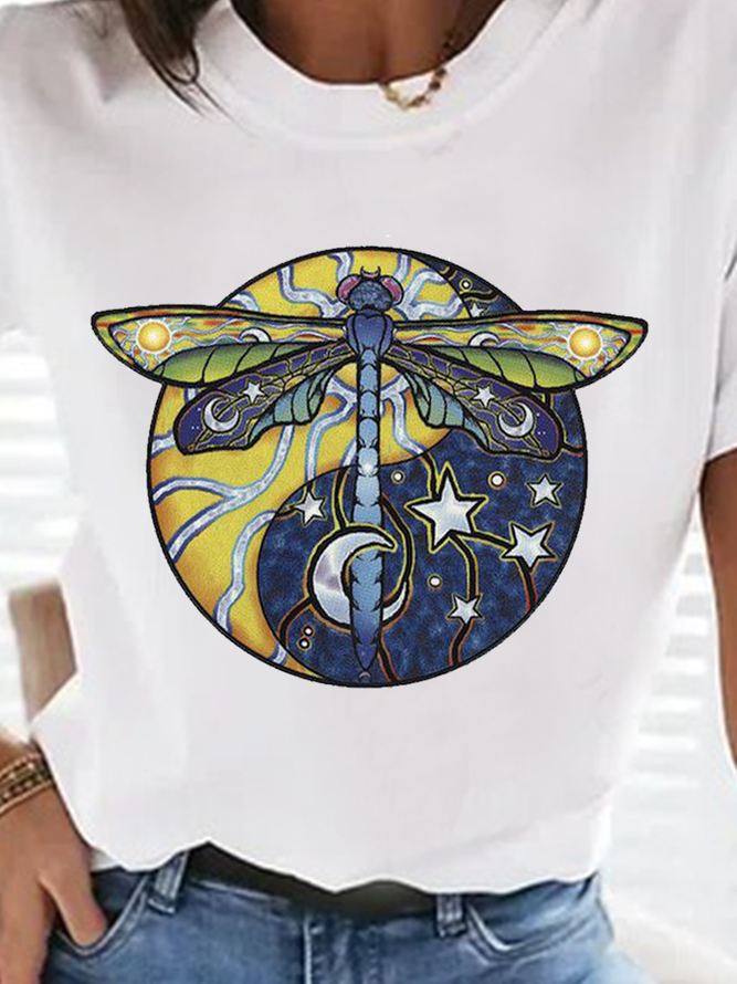 Sun and moon abstract dragonfly pattern simple T-shirt Loosen Dragonfly Short Sleeve T-shirt