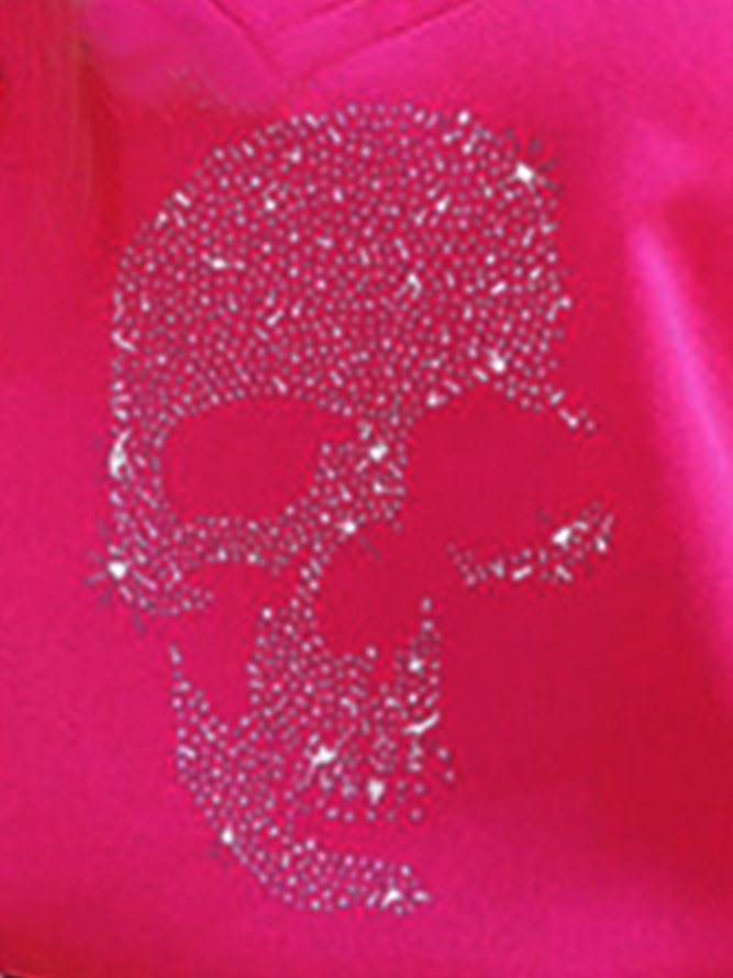 Pink skull print V-neck short-sleeved T-shirt