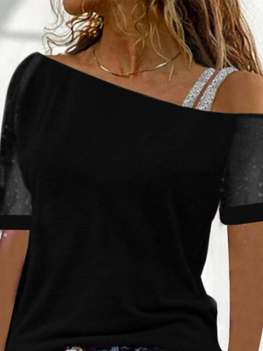 One Shoulder See-Through Look Casual Short Sleeve Tops