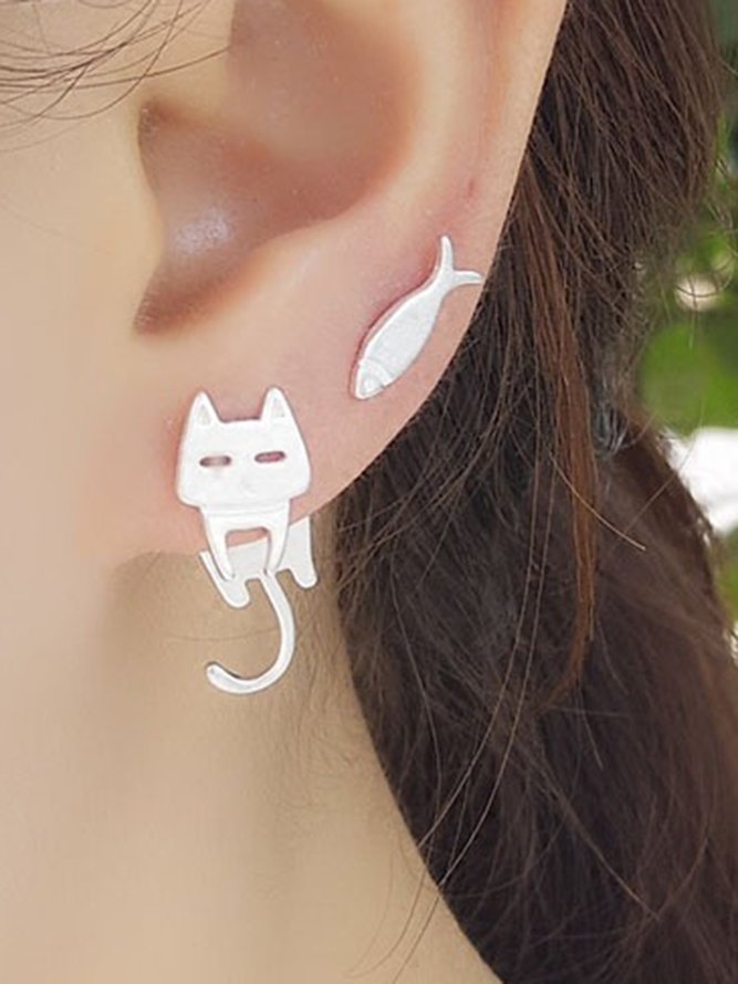 Cat And Fish Alloy Earrings
