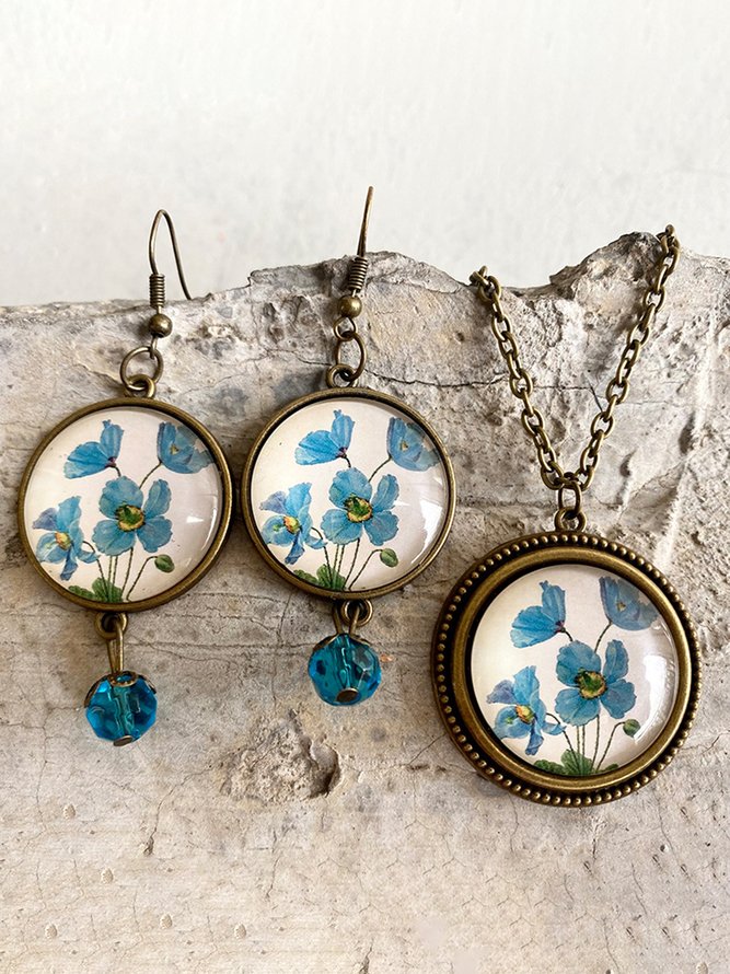 Vintage Time Gemstone Sunflower Floral Earrings Necklace Set