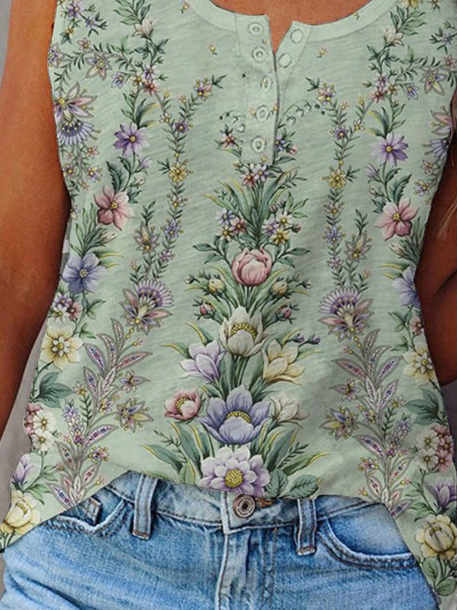 Buttoned Regular Fit Floral SleevelessT-Shirt