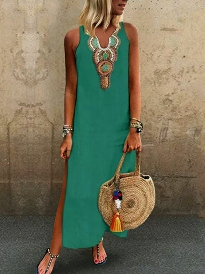 Women's Loosen Vacation Linen Simple  Ethnic V Neck Dresses