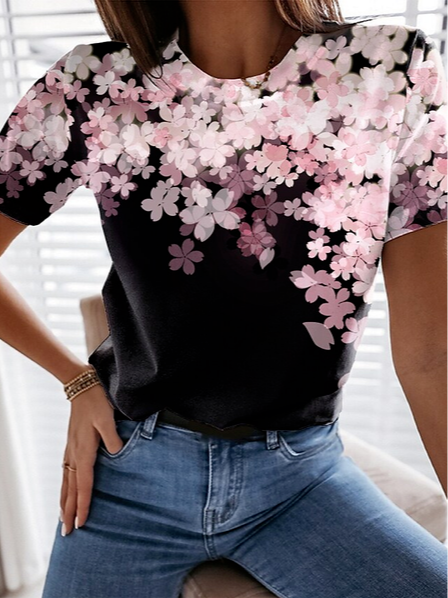 Crew Neck Floral Cotton Blends Short Sleeve T-Shirt