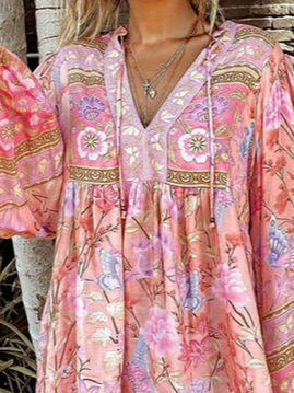 Boho Vacation Floral Tribal Regular Fit Long Sleeve Blouse