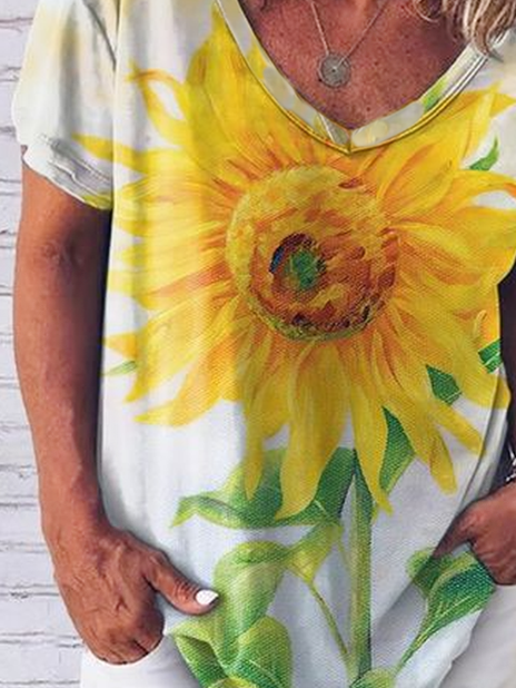V Neck Sunflower Loosen Short Sleeve T-Shirt