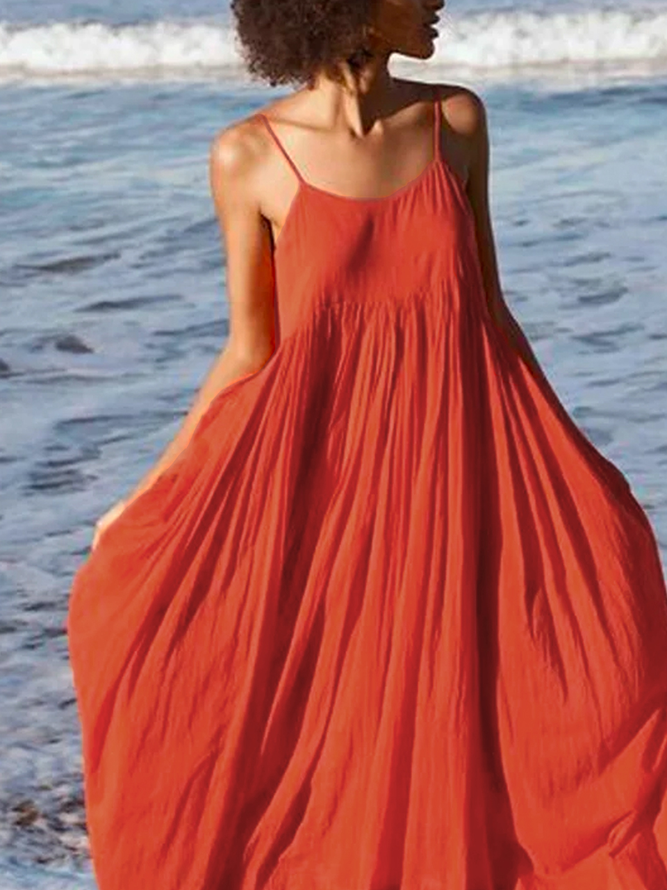 Orange Red Swing Spaghetti Cotton Holiday Weaving Dress