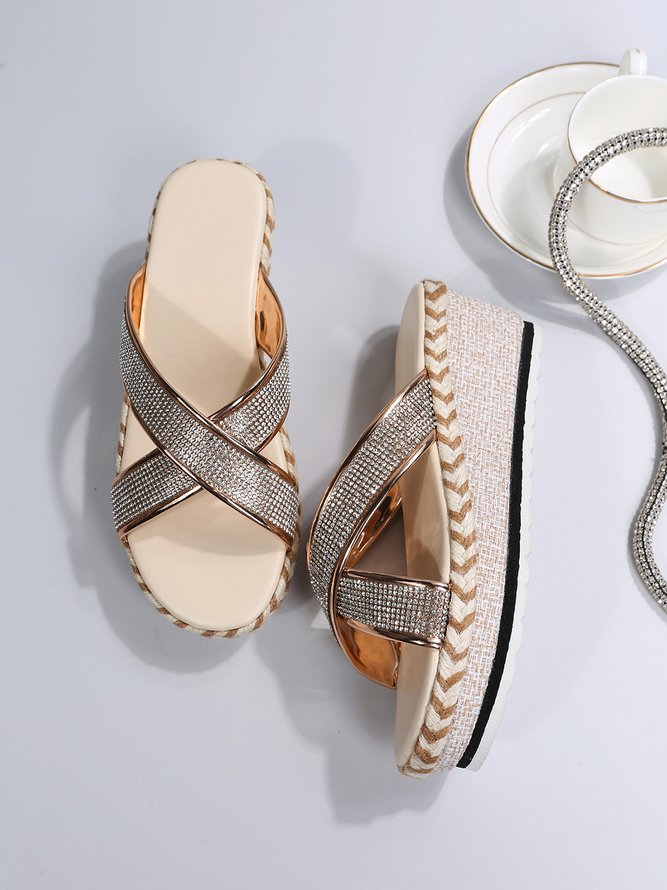 Rhinestone Gold Cross-Strip Straw Wedge Platform Slides | Shoes | Anniecloth Slippers Open Toe 