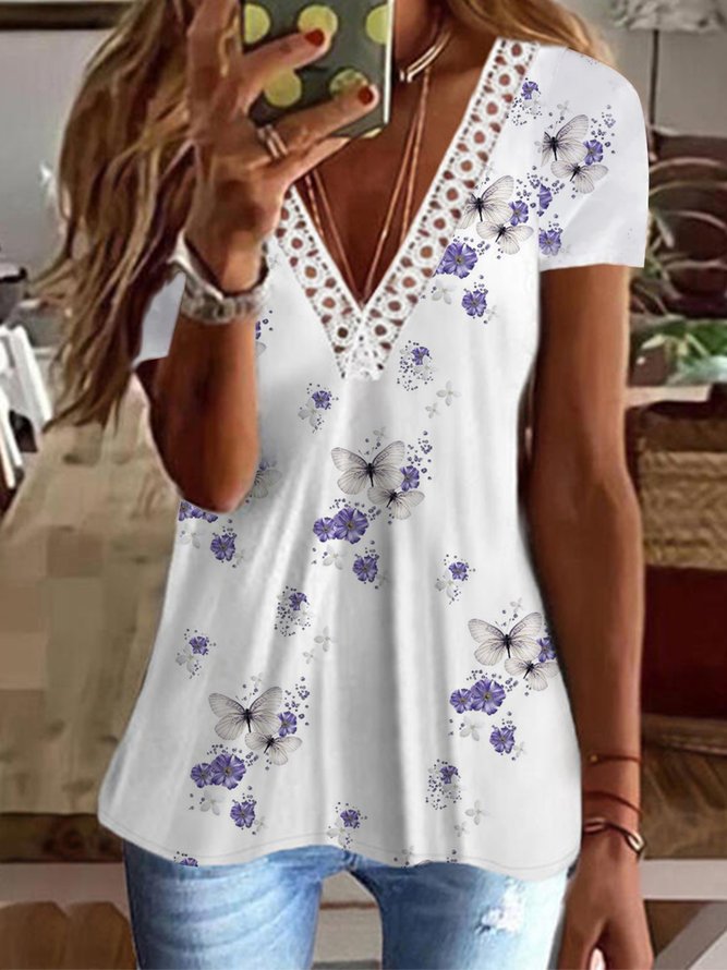 Casual V Neck Butterfly Short Sleeve T-Shirt