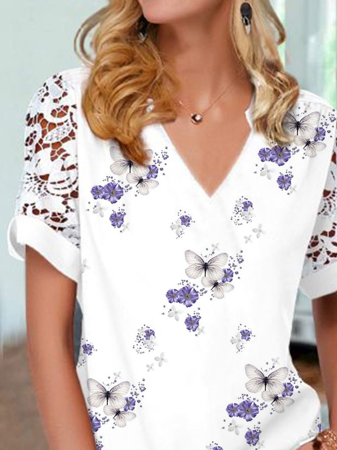 Casual Butterfly Lace Short Sleeve Tops